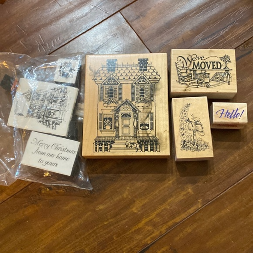 Vintage Wood Mounted Rubber Stamps Lot Victorian House We’ve Moved Hello Floral
